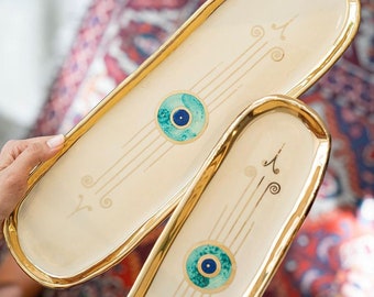 Oval Evil Eye dish Gold Plated, Serving board, Dessert platter | Beige And Turquoise Nazar| Modern Pottery, Housewarming Gift, Handmade Gift