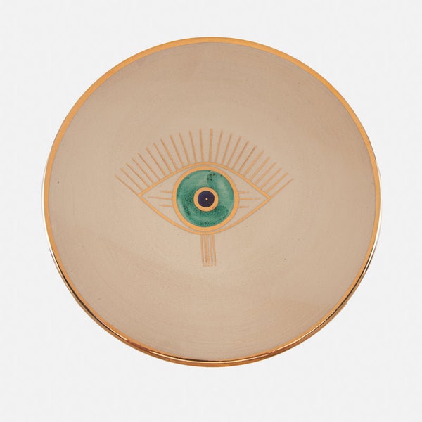 Plato del Ojo Turco: Plato de porcelana con borde dorado, color beige turquesa Nazar