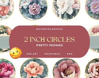 Watercolor Floral Peonies 2 Inch Circles | Printable Stickers (Digital Download)