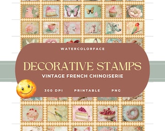 Junk Journal Vertical Stamps Vintage French Chinoiserie Decorative Seals Digital Download