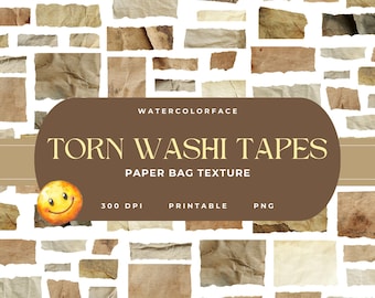 May include: A digital collage of torn washi tapes in various shades of brown and beige, arranged on a white background. The image includes text that reads "Torn Washi Tapes" and "Paper Bag Texture."