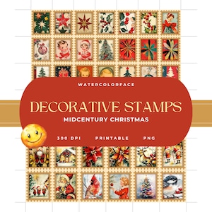 Printable VERTICAL Midcentury Modern Christmas Decorative Stamps | Vintage Holiday Themed Stamps | Digital Download | Junk Journal Supply