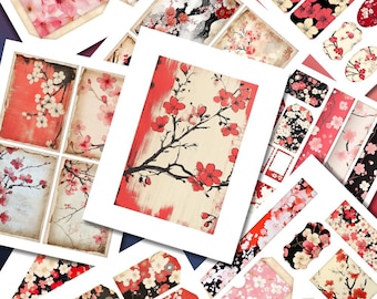 Kit per junk journal botanico con fiori di ciliegio, Sakura giapponese, file digitale, 29 pagine
