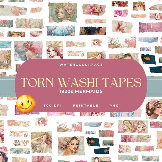 1920s Mermaids Pink Gold Silver Teal Torn Paper Washi Tape