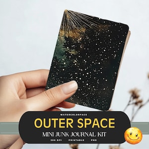 May include: A printable mini junk journal kit featuring a watercolour illustration of outer space with stars and a galaxy. The kit is 300 DPI and comes in PNG format.