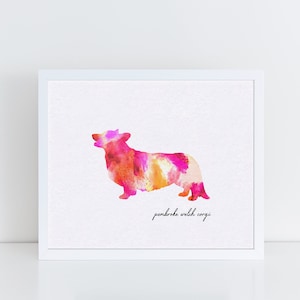 Silueta de Corgi, acuarela de Corgi, póster de raza de perro, decoración de pared imprimible, impresión artística de 8 x 10, monumento para mascotas, impresión artística de Corgi, descarga instantánea