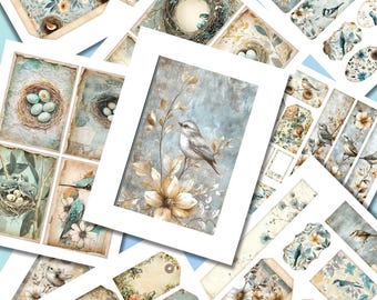 Woodland Birds Flowercore Junk Journal Kit, Winter Watercolor, Digital File, 29 Pages