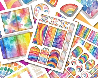 レインボージャンクジャーナルエフェメラキット、パステルカラースクラップブック、デジタルダウンロード