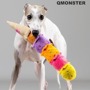 May include: A white and gray dog holding a colorful ice cream cone-shaped dog toy. The toy has a waffle cone base and layers of purple, orange, pink, and yellow "ice cream" with sprinkles. The text "QMONSTER" is in the upper right corner.