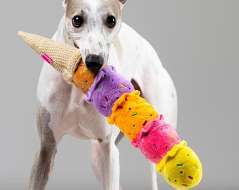 Piepend ijs hondenspeelgoed – extra lang pluche speelgoed voor kleine tot middelgrote grote honden, duurzame kauwkegel, interactief spelen, kleurrijk grappig hondencadeau