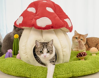 Whimsical Mushroom Cat Cave with Plush Grass Mat – Cozy, Interactive Play Bed with Removable Decorations|Premium Cat Bed|Kitty Bed|Small Dog
