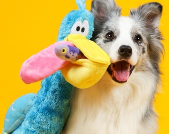 Plüsch Dada Vogel Hundespielzeug mit Quietschern - Interaktives Kauspielzeug mit Fisch, Leckerli Versteck Puzzle, Zerrzeug und Apportiergeschenk für kleine mittelgroße große Hunde
