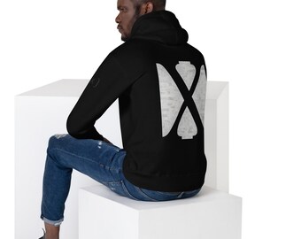 May include: Black hooded sweatshirt with a white graphic of a stylized letter X on the back.