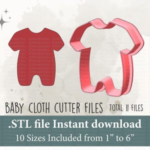 May include: Two digital 3D printable STL files for a baby onesie cookie cutter. The files are available for instant download and include 10 sizes from 1 inch to 6 inches.