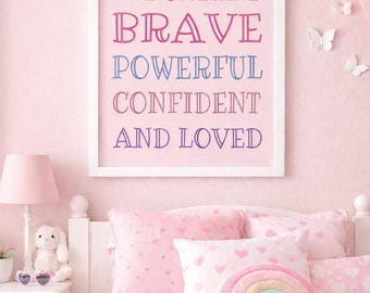 Girls Affirmation Wall Art | Important, Brave, Powerful, Confident, Loved (Digital Download)