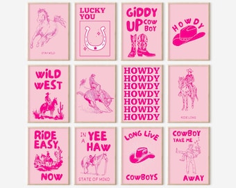 Western Art Prints 12er Set Pinke Wandkunst Vintage Cowboy Kunst Wild West Art Retro Cowgirl Drucke Western Gallery Wand Set Pink Western Print