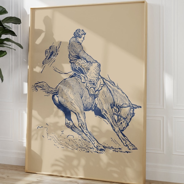 Blue Bucking Bronco Print, Cowboy Wall Art, Southwestern Room Decor, Modern Western Poster, Boho Wall Art, Western Print, Western Wall Decor