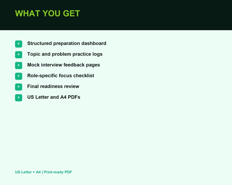 May include: A digital document listing titled WHAT YOU GET in green text on a dark background. It includes a bulleted list of items: structured preparation dashboard, topic and problem practice logs, mock interview feedback pages, role-specific focus checklist, final readiness review, and US Letter and A4 PDFs.