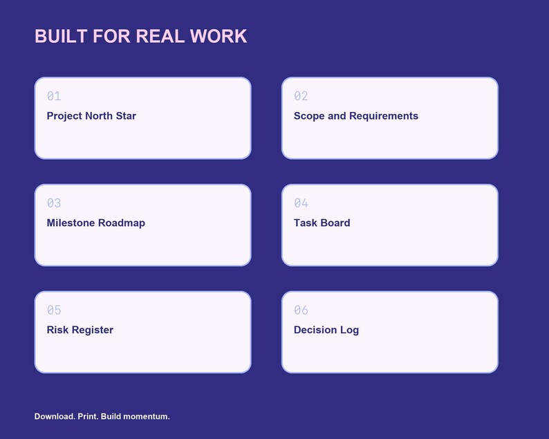 May include: A dark blue graphic with the text BUILT FOR REAL WORK at the top. It features six white rectangular boxes numbered 01 through 06, containing the labels Project North Star, Scope and Requirements, Milestone Roadmap, Task Board, Risk Register, and Decision Log. The text Download. Print. Build momentum. appears at the bottom.
