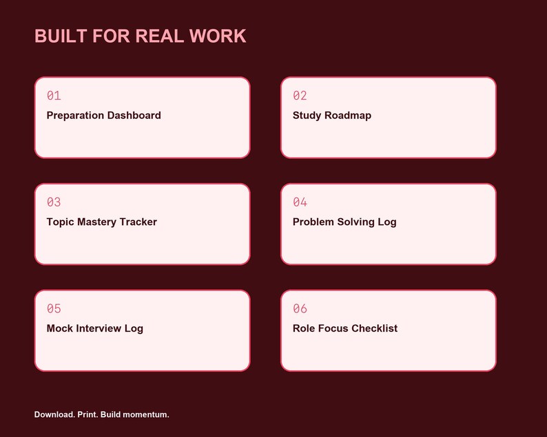 Puede incluir: Una plantilla de planificador digital de color granate oscuro con el texto BUILT FOR REAL WORK en la parte superior y seis cajas rectangulares de color rosa claro etiquetadas 01 Preparation Dashboard, 02 Study Roadmap, 03 Topic Mastery Tracker, 04 Problem Solving Log, 05 Mock Interview Log y 06 Role Focus Checklist, con el texto Download. Print. Build momentum. en la parte inferior.