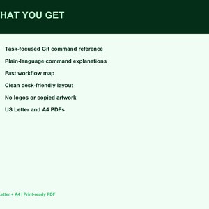 Pode incluir: Um documento digital intitulado WHAT YOU GET com cabe&ccedil;alho verde escuro e fundo verde claro. Lista recursos como uma refer&ecirc;ncia de comandos Git, explica&ccedil;&otilde;es em linguagem simples, um mapa de fluxo e arquivos PDF A4.