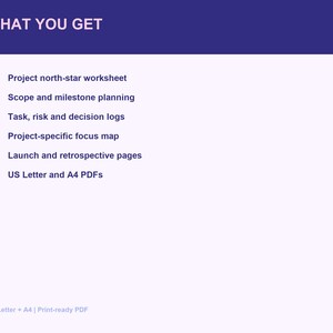 May include: A digital document listing titled WHAT YOU GET with a dark blue header. It lists six items: Project north-star worksheet, Scope and milestone planning, Task, risk and decision logs, Project-specific focus map, Launch and retrospective pages, and US Letter and A4 PDFs.