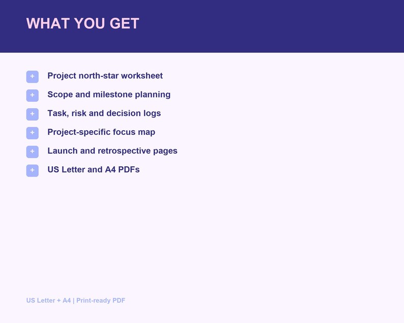 May include: A digital document listing titled WHAT YOU GET with a dark blue header. It lists six items: Project north-star worksheet, Scope and milestone planning, Task, risk and decision logs, Project-specific focus map, Launch and retrospective pages, and US Letter and A4 PDFs.