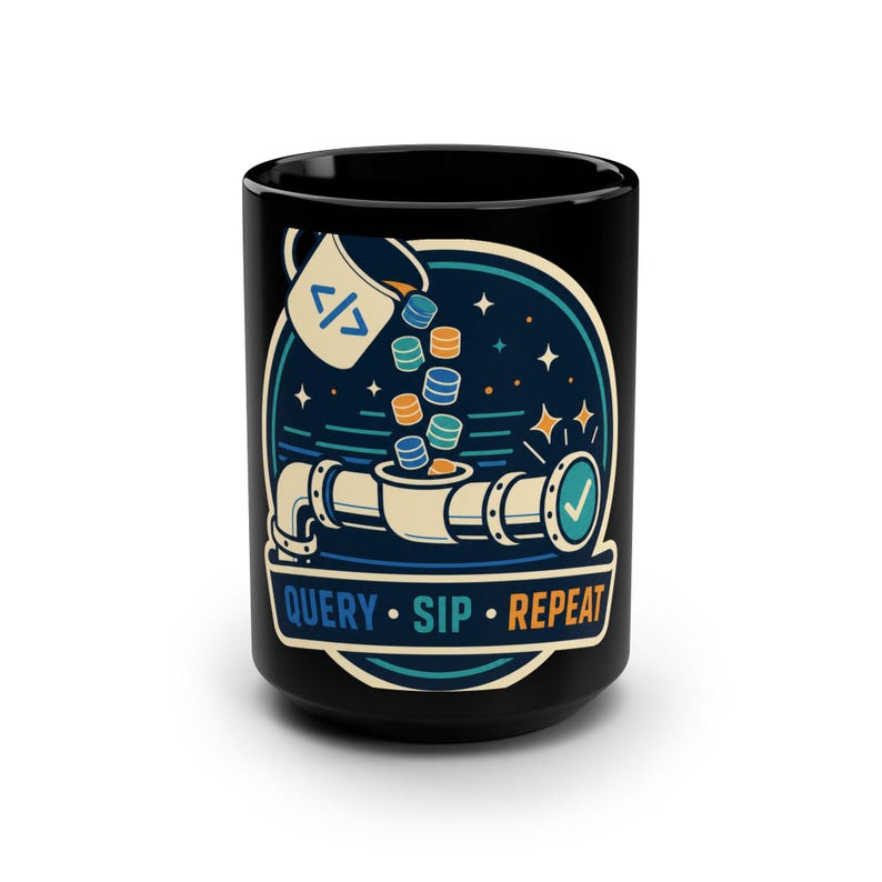 Data Engineer Mug, SQL Developer Coffee Cup, Retro Tech Badge, 15 oz Black Mug image 1