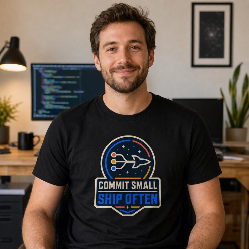 Camiseta "Commit Small Ship Often" para Programadores, Camiseta com Humor sobre Programação, Presente para Engenheiro de Software imagem 1