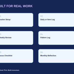 K&ouml;nnte beinhalten: Eine dunkelblaue Grafik mit dem Text BUILT FOR REAL WORK oben und Download. Print. Build momentum. unten. Sie enth&auml;lt sechs hellblaue rechteckige K&auml;sten, nummeriert von 01 bis 06, mit den Beschriftungen Tracker Setup, Daily or Item Log, Weekly Review, Pattern Log, Focus Checklist und Monthly Reflection.