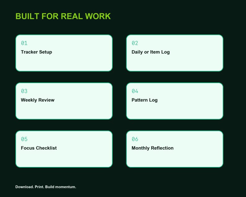 Peut inclure: Un graphique num&eacute;rique vert fonc&eacute; avec le texte BUILT FOR REAL WORK en haut. Il pr&eacute;sente six bo&icirc;tes rectangulaires vert clair num&eacute;rot&eacute;es de 01 &agrave; 06, intitul&eacute;es Tracker Setup, Daily or Item Log, Weekly Review, Pattern Log, Focus Checklist et Monthly Reflection. Le texte en bas indique Download. Print. Build momentum.