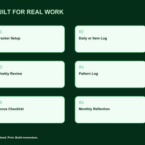 May include: A dark green digital planner interface with the text BUILT FOR REAL WORK. It features six light green rectangular boxes labelled 01 Tracker Setup, 02 Daily or Item Log, 03 Weekly Review, 04 Pattern Log, 05 Focus Checklist, 06 Monthly Reflection.