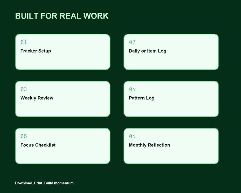 May include: A dark green digital planner interface with the text BUILT FOR REAL WORK. It features six light green rectangular boxes labelled 01 Tracker Setup, 02 Daily or Item Log, 03 Weekly Review, 04 Pattern Log, 05 Focus Checklist, 06 Monthly Reflection.