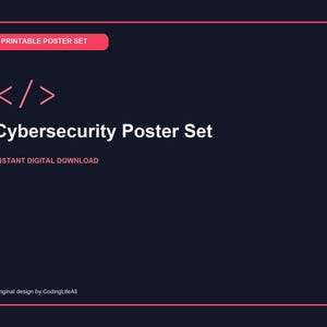 Pode incluir: Um conjunto de cartazes digitais azul-marinho escuro com um ícone de parêntese de código rosa, o texto "PRINTABLE POSTER SET", "Cybersecurity Poster Set", "INSTANT DIGITAL DOWNLOAD" e "Original design by CodingLifeAll" numa borda rosa.