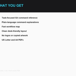 Może przedstawiać: Dokument cyfrowy zatytułowany WHAT YOU GET, zawierający listę funkcji: Task-focused Git command reference, Plain-language command explanations, Fast workflow map, Clean desk-friendly layout, No logos or copied artwork oraz pliki US Letter i A4 PDF.