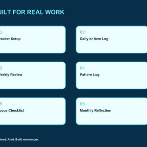 May include: A dark blue digital graphic featuring the text BUILT FOR REAL WORK at the top and Download. Print. Build momentum. at the bottom. It contains six light blue rectangular boxes numbered 01 to 06 with labels Tracker Setup, Daily or Item Log, Weekly Review, Pattern Log, Focus Checklist, and Monthly Reflection.