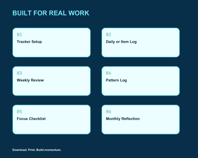 May include: A dark blue digital graphic featuring the text BUILT FOR REAL WORK at the top and Download. Print. Build momentum. at the bottom. It contains six light blue rectangular boxes numbered 01 to 06 with labels Tracker Setup, Daily or Item Log, Weekly Review, Pattern Log, Focus Checklist, and Monthly Reflection.