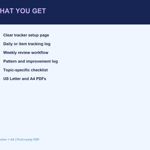 K&ouml;nnte beinhalten: Ein digitales Dokument mit dem Titel WHAT YOU GET, das sechs Punkte auflistet: Clear tracker setup page, Daily or item tracking log, Weekly review workflow, Pattern and improvement log, Topic-specific checklist und US Letter and A4 PDFs, mit US Letter + A4 | Print-ready PDF am unteren Rand.