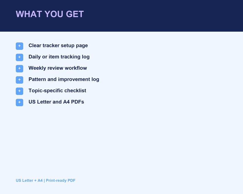 K&ouml;nnte beinhalten: Ein digitales Dokument mit dem Titel WHAT YOU GET, das sechs Punkte auflistet: Clear tracker setup page, Daily or item tracking log, Weekly review workflow, Pattern and improvement log, Topic-specific checklist und US Letter and A4 PDFs, mit US Letter + A4 | Print-ready PDF am unteren Rand.