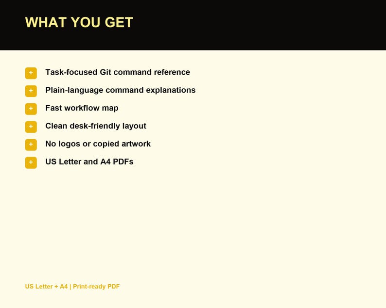 Op de afbeelding: Een digitaal document met de titel WHAT YOU GET met een lijst van kenmerken: Task-focused Git command reference, Plain-language command explanations, Fast workflow map, Clean desk-friendly layout, No logos or copied artwork, en US Letter and A4 PDFs.