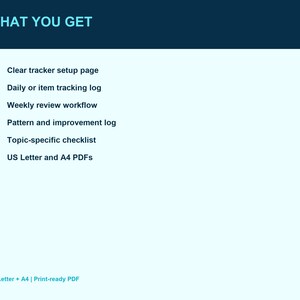 May include: A digital document list titled WHAT YOU GET with a dark blue header and light blue background. It includes a clear tracker setup page, daily or item tracking log, weekly review workflow, pattern and improvement log, topic-specific checklist, and US Letter and A4 PDFs.