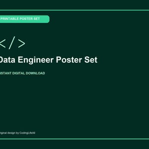 Puede incluir: Un conjunto de pósteres digitales de color verde oscuro con el texto blanco PRINTABLE POSTER SET, un símbolo de corchete de código, Data Engineer Poster Set, INSTANT DIGITAL DOWNLOAD y el texto pequeño Original design by CodingLifeAll.
