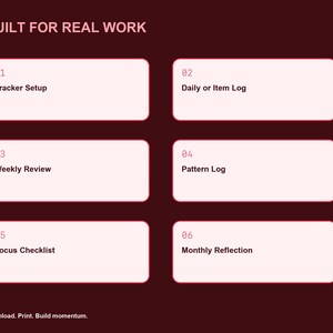 Peut inclure: Une page de planificateur num&eacute;rique marron fonc&eacute; intitul&eacute;e BUILT FOR REAL WORK. Elle pr&eacute;sente six bo&icirc;tes rectangulaires blanches num&eacute;rot&eacute;es contenant le texte : 01 Tracker Setup, 02 Daily or Item Log, 03 Weekly Review, 04 Pattern Log, 05 Focus Checklist, 06 Monthly Reflection. Le texte en bas indique : Download. Print. Build momentum.