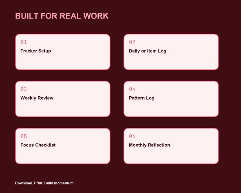 Peut inclure: Une page de planificateur num&eacute;rique marron fonc&eacute; intitul&eacute;e BUILT FOR REAL WORK. Elle pr&eacute;sente six bo&icirc;tes rectangulaires blanches num&eacute;rot&eacute;es contenant le texte : 01 Tracker Setup, 02 Daily or Item Log, 03 Weekly Review, 04 Pattern Log, 05 Focus Checklist, 06 Monthly Reflection. Le texte en bas indique : Download. Print. Build momentum.