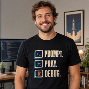 Prompt Pray Debug T-Shirt, Funny AI Programmer Retro Tee, Software Developer Humor
