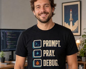 T-Shirt „Prompt Pray Debug“, lustiges Retro-T-Shirt für KI-Programmierer, Humor für Softwareentwickler