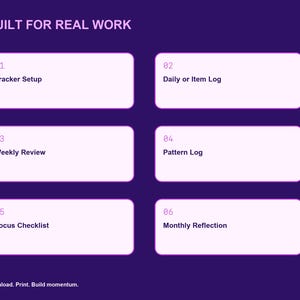 May include: A dark purple digital planner page titled BUILT FOR REAL WORK. It features six light pink rectangular boxes numbered 01 through 06, labelled Tracker Setup, Daily or Item Log, Weekly Review, Pattern Log, Focus Checklist, and Monthly Reflection.