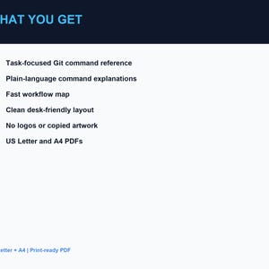 May include: A digital document listing features including a task-focused Git command reference, plain-language command explanations, a fast workflow map, a clean desk-friendly layout, no logos or copied artwork, and US Letter and A4 PDFs.