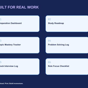 May include: A dark blue digital interface titled BUILT FOR REAL WORK featuring six light blue rectangular boxes labeled 01 Preparation Dashboard, 02 Study Roadmap, 03 Topic Mastery Tracker, 04 Problem Solving Log, 05 Mock Interview Log, and 06 Role Focus Checklist, with the text Download. Print. Build momentum. at the bottom.