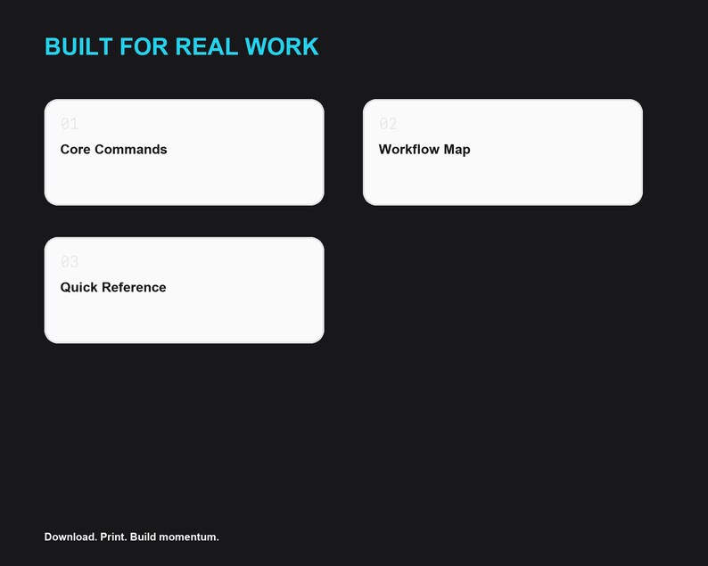 Może przedstawiać: Czarna grafika z cyjanowym napisem BUILT FOR REAL WORK u g&oacute;ry. Trzy białe prostokątne pola z zaokrąglonymi rogami zawierają tekst 01 Core Commands, 02 Workflow Map oraz 03 Quick Reference. Dolny tekst brzmi Download. Print. Build momentum.